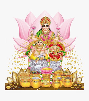 Goddess Lakshmi and Kubera Seated on Lotus with Pots of Gold and Wealth HD phone wallpaper