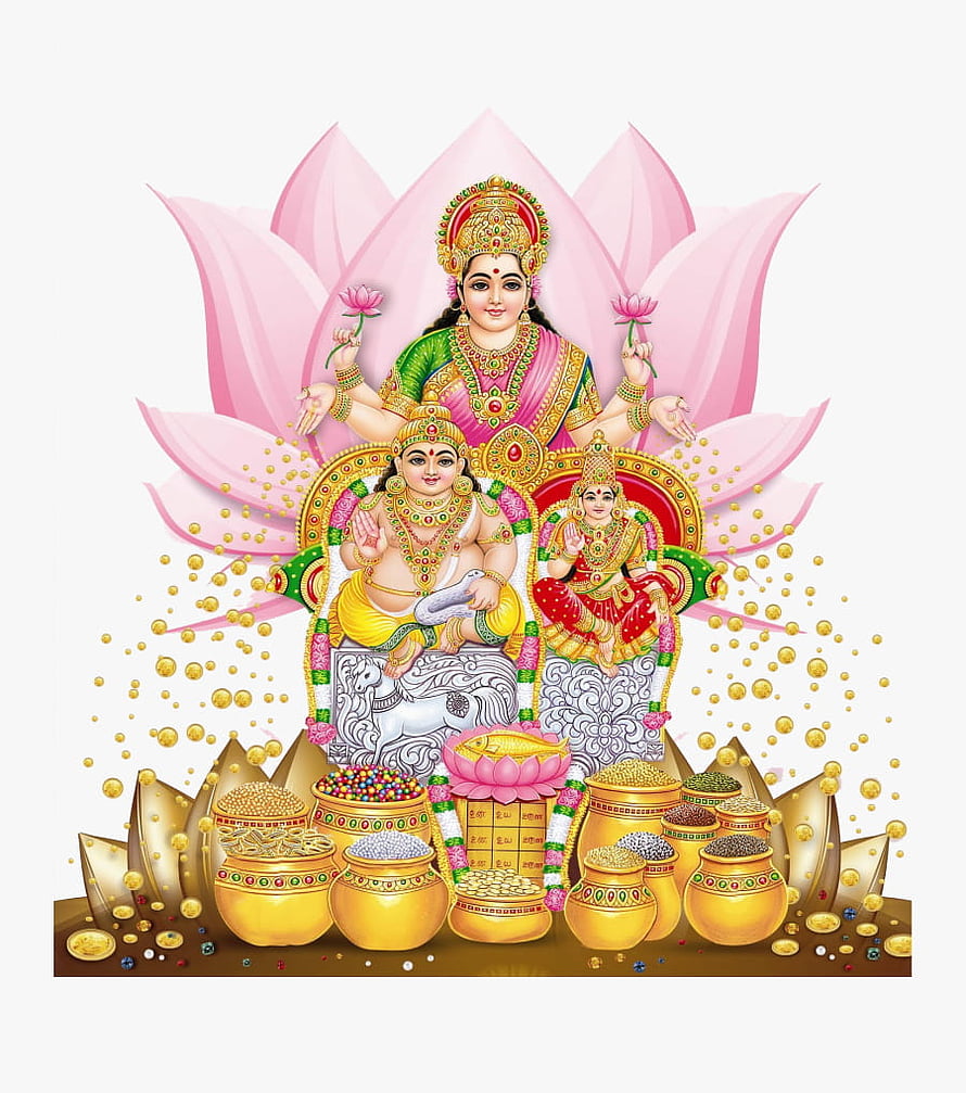 Goddess Lakshmi and Kubera Seated on Lotus with Pots of Gold and Wealth HD phone wallpaper