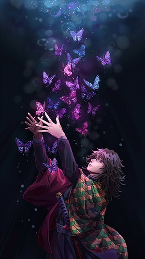 Shinobu Kocho from Demon Slayer Releasing Glowing Purple Butterflies in Dark Fantasy Anime Art HD phone wallpaper