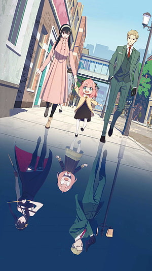 Spy x Family Anime Wallpaper Featuring Loid, Yor, and Anya Walking Down a City Street with Reflections HD phone wallpaper