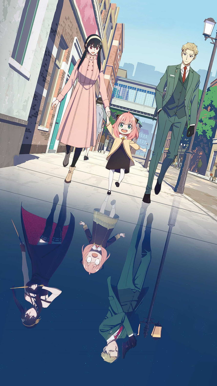 Spy x Family Anime Wallpaper Featuring Loid, Yor, and Anya Walking Down a City Street with Reflections HD phone wallpaper