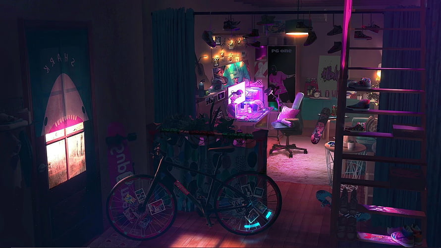 Neon-lit bedroom interior with gaming setup, bicycle, and skateboard in cyberpunk style HD wallpaper