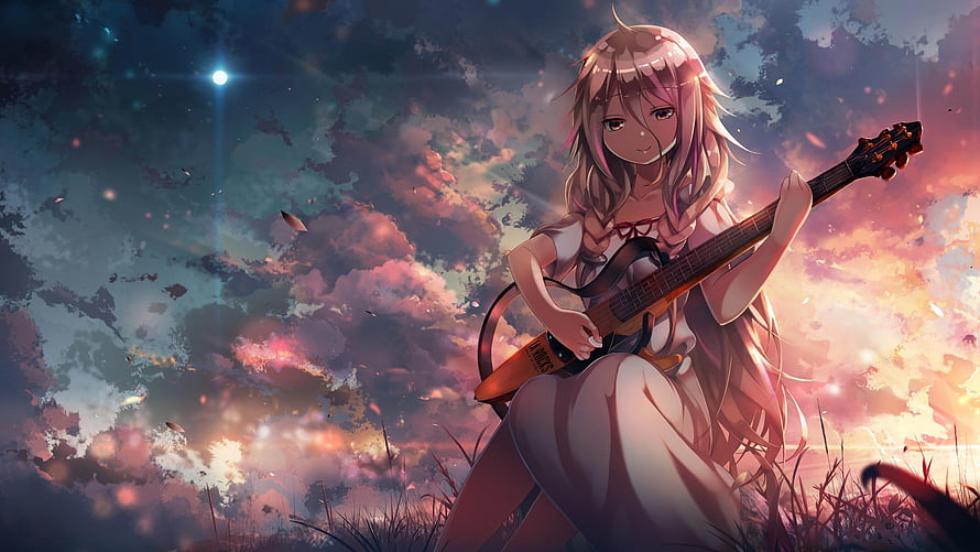 Anime Girl Playing Guitar Under a Dreamy Sunset Sky HD wallpaper