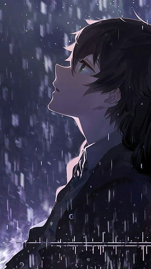 Anime Boy Looking Up In The Rain With A Melancholic Expression HD phone wallpaper