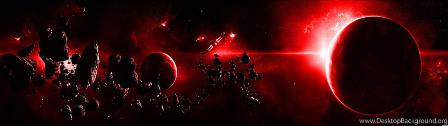 Red Planet Eclipse and Asteroid Field in Deep Space HD wallpaper
