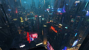 Futuristic Cyberpunk Cityscape with Neon Skyscrapers and Holographic Billboards HD wallpaper