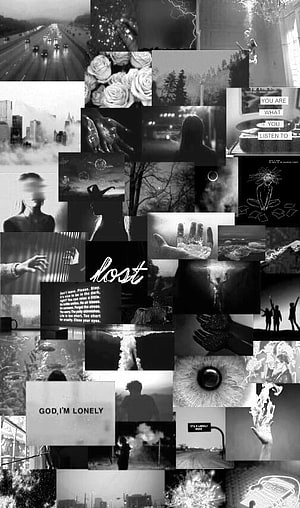 Monochrome Aesthetic Collage Featuring Lonely Text, Silhouettes, and Moody Urban Scenes HD phone wallpaper