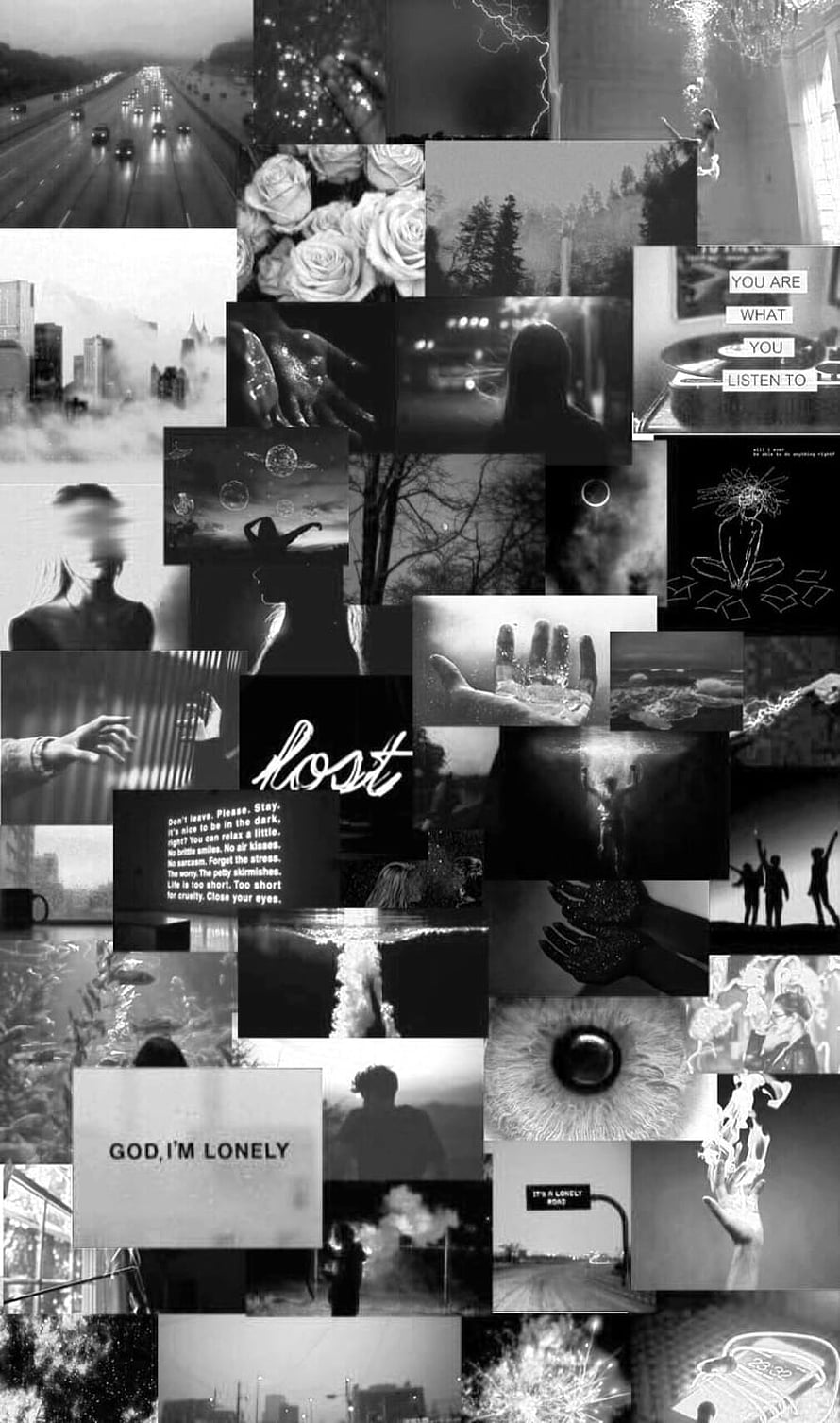 Monochrome Aesthetic Collage Featuring Lonely Text, Silhouettes, and Moody Urban Scenes HD phone wallpaper