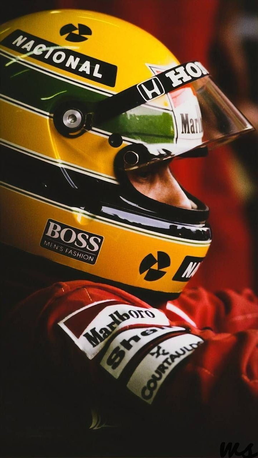 Ayrton Senna McLaren Racing Helmet Close-Up with Marlboro and Boss Sponsorship HD phone wallpaper