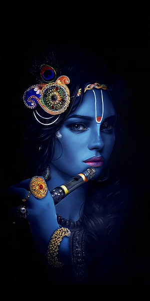 Blue Skinned Krishna Portrait With Flute And Peacock Feather Crown HD phone wallpaper