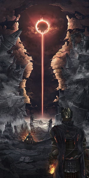 Dark Souls Fantasy Landscape with Bloodborne Aesthetic and Eclipsed Sky HD phone wallpaper