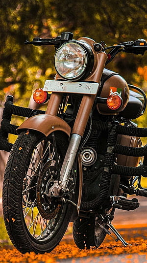 Royal Enfield Bullet Military Motorcycle with Luggage Rack and Autumn Foliage HD phone wallpaper