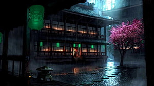 Atmospheric Anime Backyard Scene With Rain, Cherry Blossom Tree, and Traditional Japanese Architecture HD wallpaper