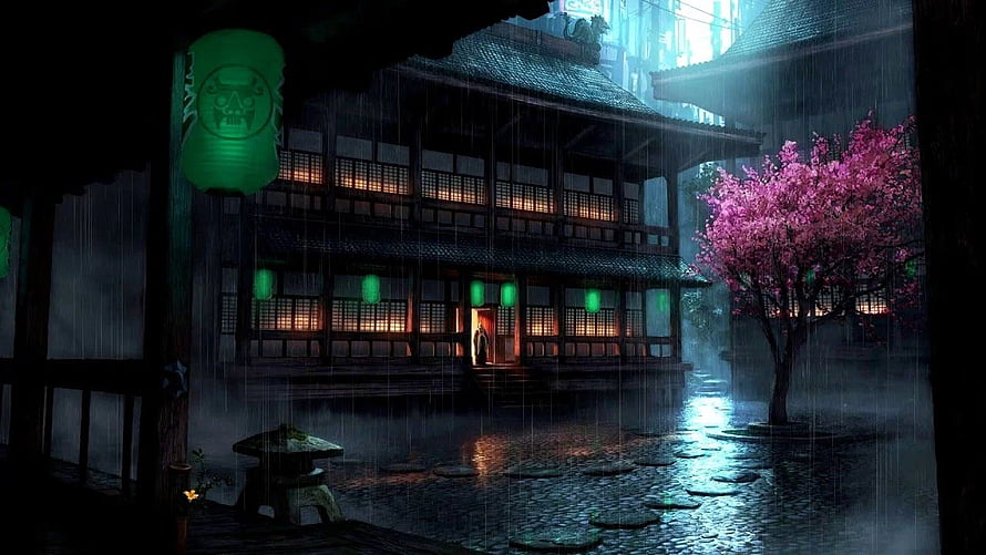 Atmospheric Anime Backyard Scene With Rain, Cherry Blossom Tree, and Traditional Japanese Architecture HD wallpaper