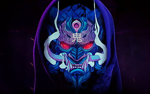 Glowing Japanese Oni Demon Mask with Red Eyes and Purple Hood HD wallpaper