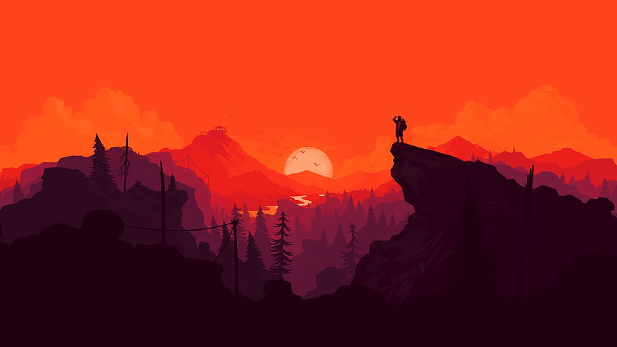 Silhouetted Hiker on a Cliff Edge Against a Fiery Red Sunset Over a Mountainous Forest Landscape HD wallpaper