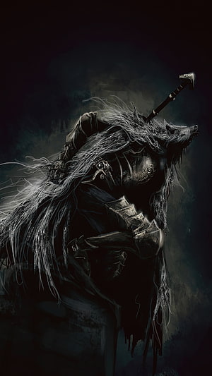Dark Fantasy Knight with Wolf Helm and Hammer in Stormy Atmosphere HD phone wallpaper