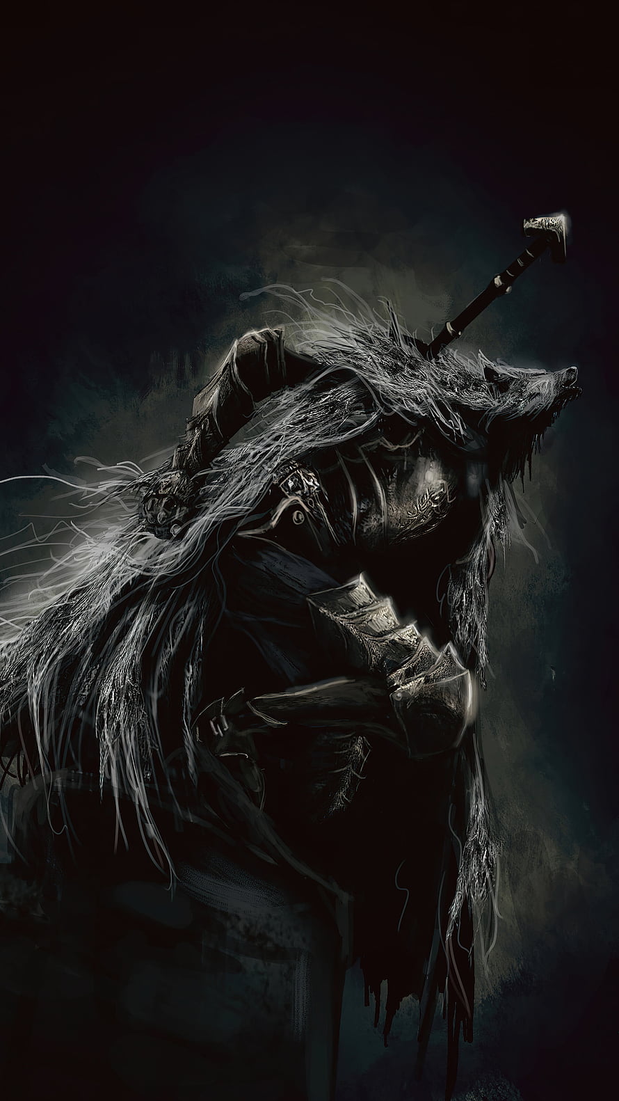 Dark Fantasy Knight with Wolf Helm and Hammer in Stormy Atmosphere HD phone wallpaper