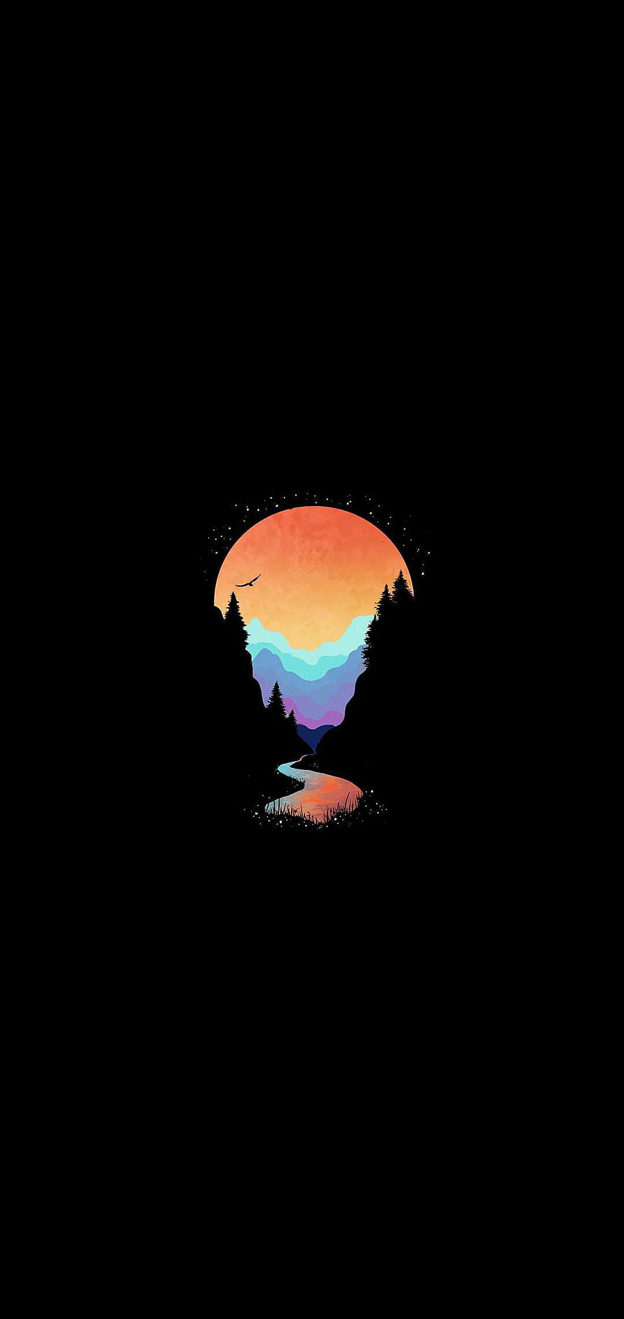 Minimalist Vector Landscape With Sunset, Mountains, River, And Forest Silhouette On Black Background HD phone wallpaper