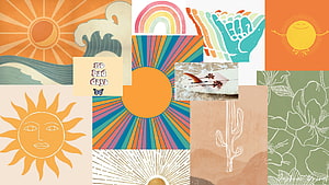 Retro Summer Vibes Collage With Sun, Waves, Rainbow, and Cactus Illustrations HD wallpaper
