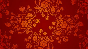 Traditional Chinese Floral Pattern with Intricate Orange Blossoms on Deep Red Background HD wallpaper