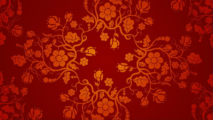 Traditional Chinese Floral Pattern with Intricate Orange Blossoms on Deep Red Background HD wallpaper