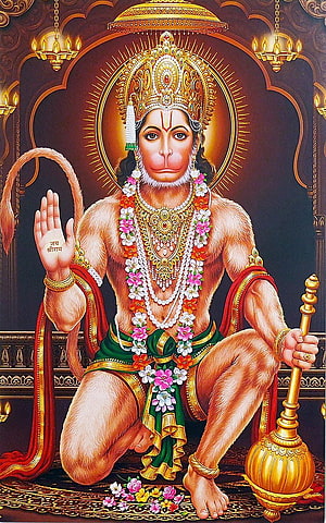 Lord Hanuman Sitting With Golden Mace And Flower Garlands Hindu Deity Wallpaper, Ram Bhakt Hanuman. Lord hanuman , Hanuman, Hanuman Ji HD phone wallpaper