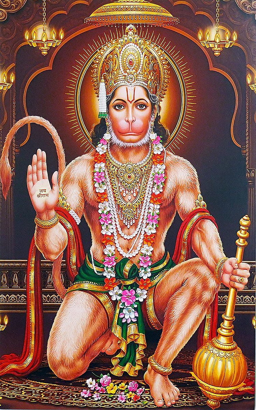 Lord Hanuman Sitting With Golden Mace And Flower Garlands Hindu Deity Wallpaper, Ram Bhakt Hanuman. Lord hanuman , Hanuman, Hanuman Ji HD phone wallpaper