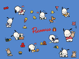Pochacco Sanrio Character Illustration Wallpaper with Cute Accessories on Blue Background HD wallpaper