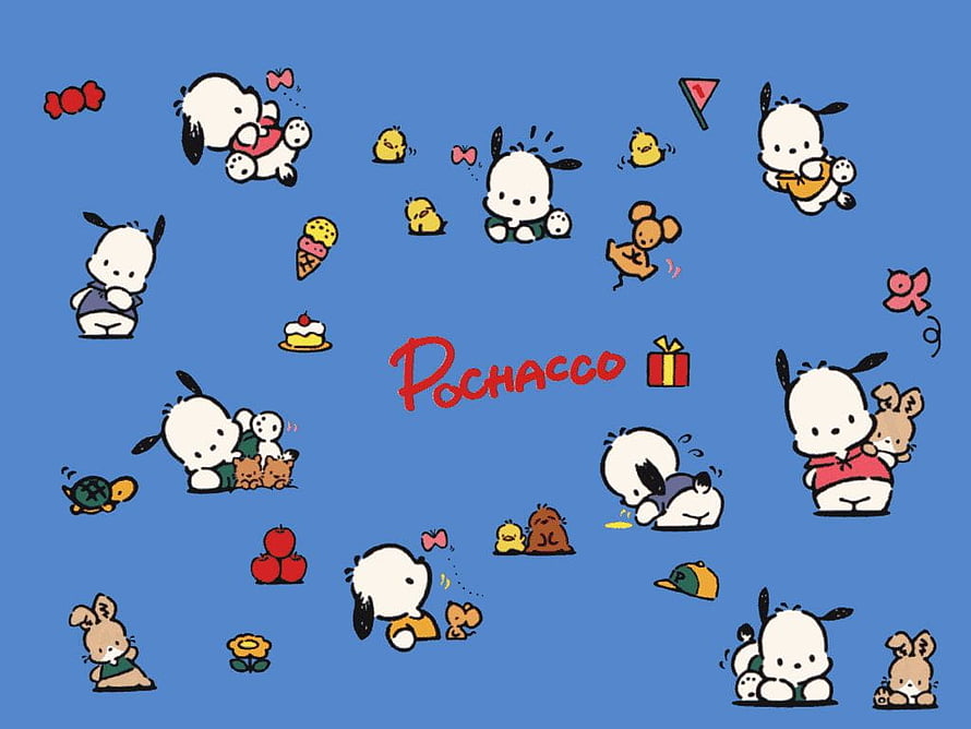 Pochacco Sanrio Character Illustration Wallpaper with Cute Accessories on Blue Background HD wallpaper