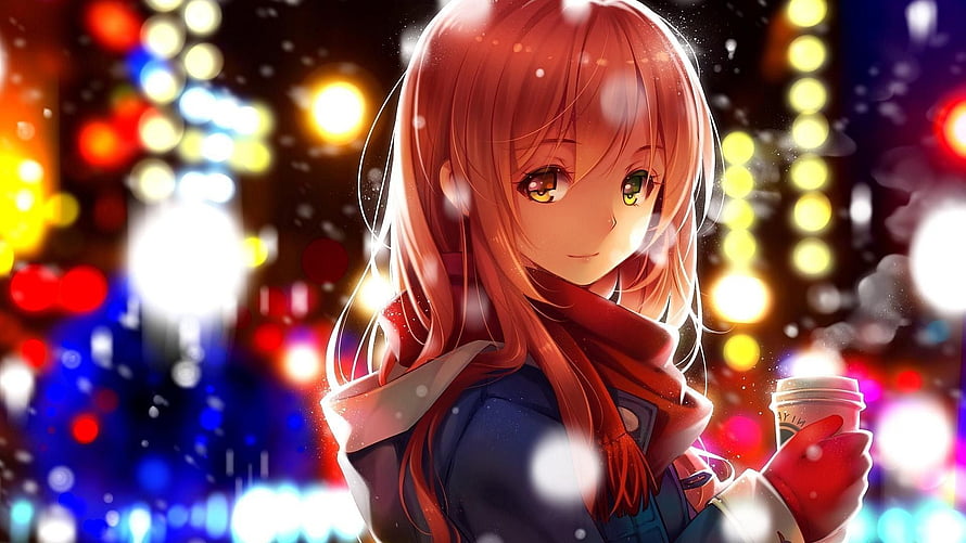 Anime Girl With Red Hair Holding Hot Coffee In Snowy City Night HD wallpaper