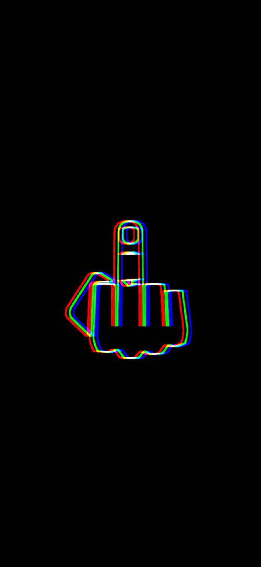 Neon RGB Glitch Outline of a Raised Middle Finger on a Black Background HD phone wallpaper