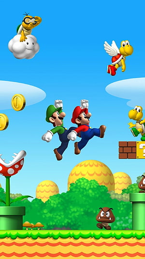 Super Mario Bros 3D Artwork Featuring Mario and Luigi Running Through Mushroom Kingdom HD phone wallpaper