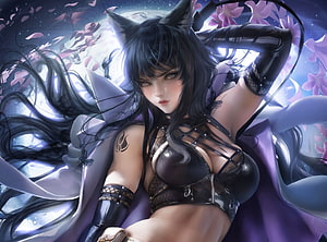 Anime Girl With Cat Ears In Black Leather Outfit Under Moonlight HD wallpaper