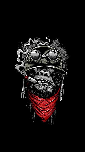 Gritty Gorilla in Steampunk Goggles and Red Bandana with Cigar HD phone wallpaper