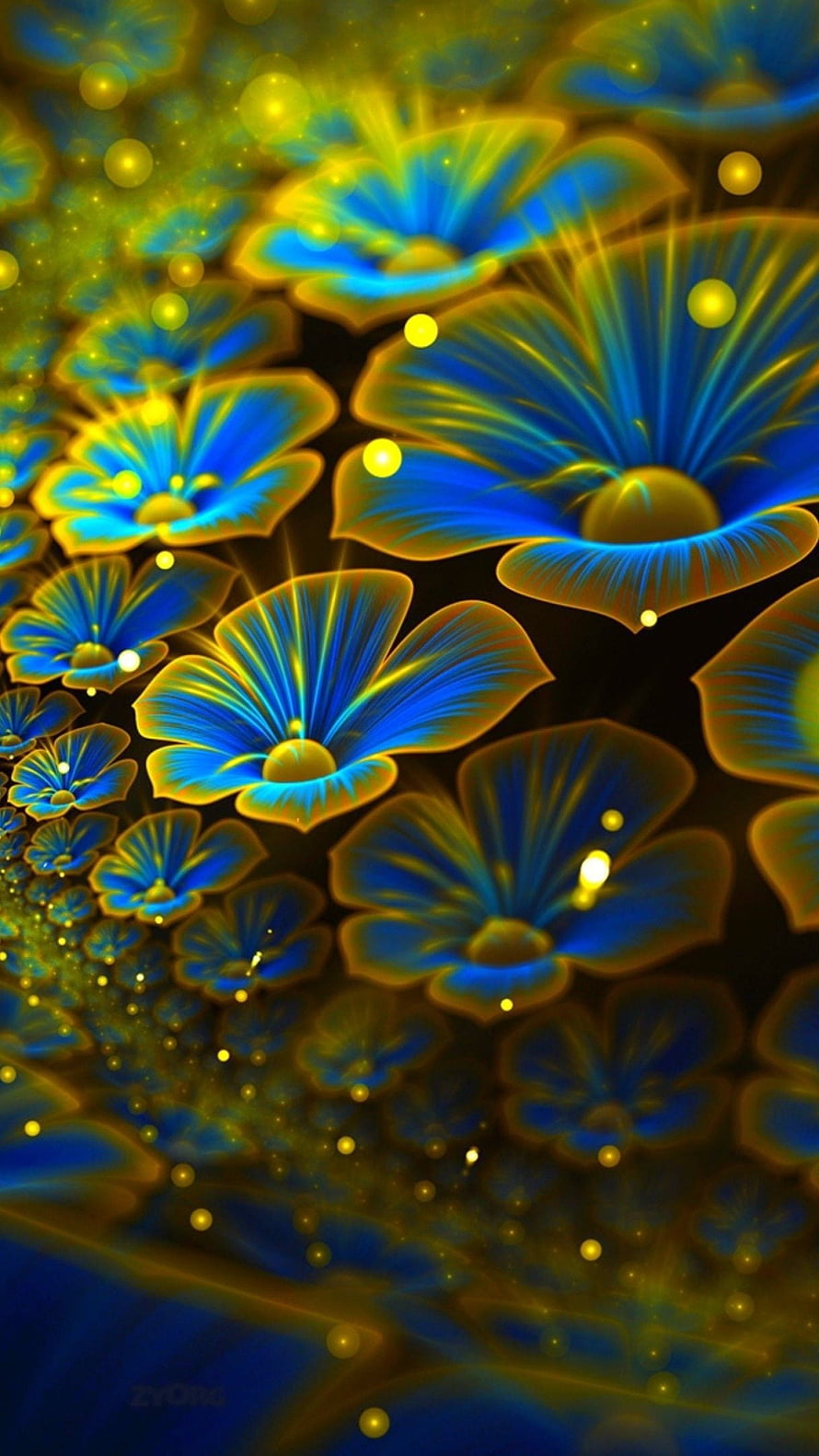 Glowing Blue and Yellow Fractal Flowers Abstract Digital Art Wallpaper HD phone wallpaper