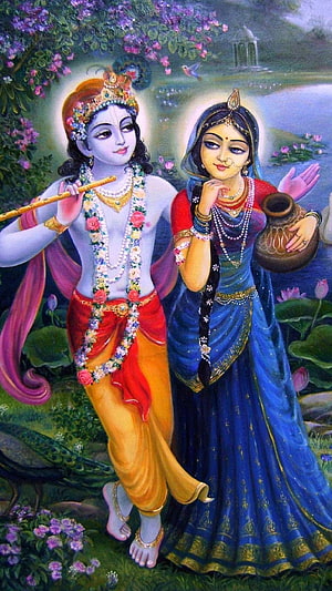 Radha and Krishna Walking Together in a Lush Garden with Peacock HD phone wallpaper