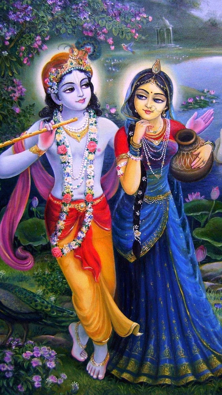 Radha and Krishna Walking Together in a Lush Garden with Peacock HD phone wallpaper