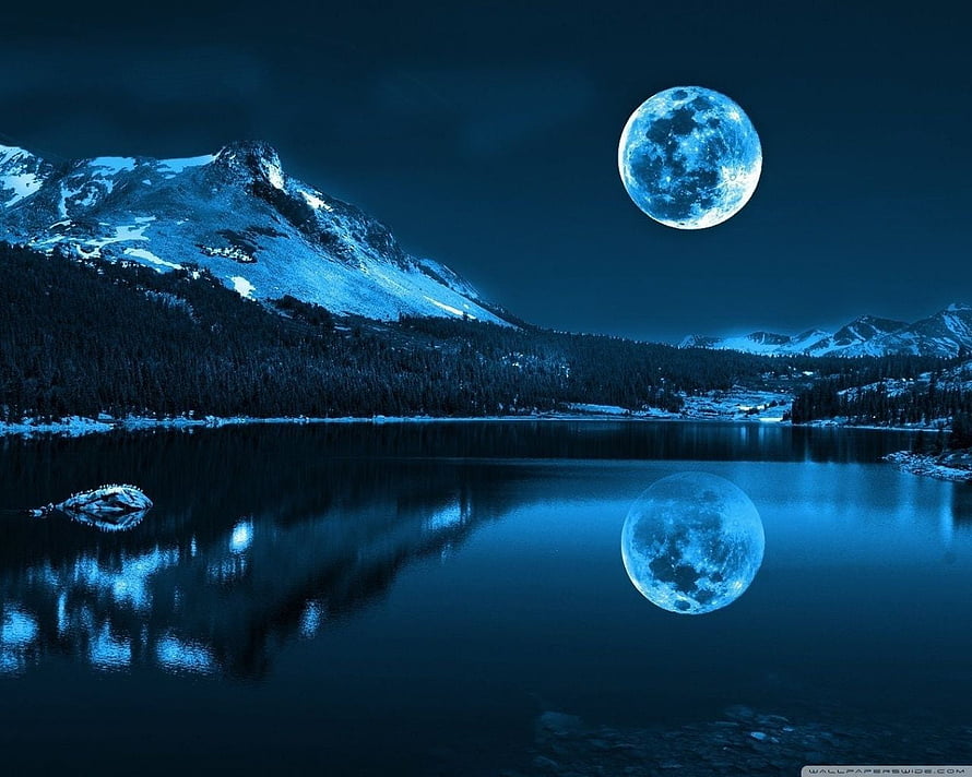 Serene Blue Moonlight Over Snowy Mountains and Reflective Lake HD wallpaper