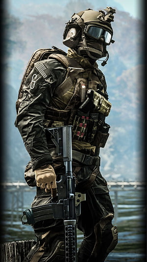 Tactical Soldier in Full Combat Gear Holding Assault Rifle HD phone wallpaper