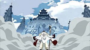 Kanjuro from Naruto Shippuden standing before the Hidden Mist Village in anime style HD wallpaper
