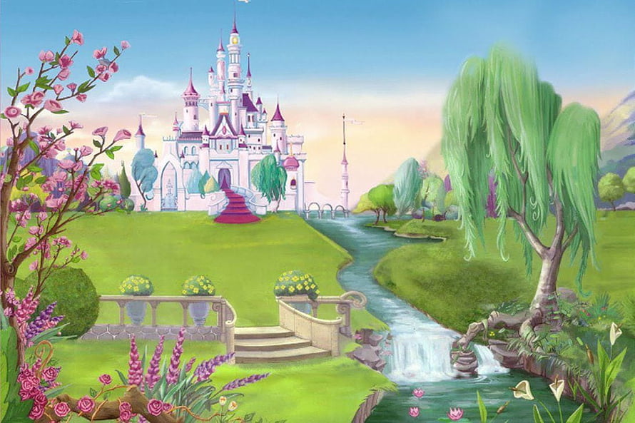 Whimsical Fairy Tale Castle in a Lush Spring Garden with Flowing Stream and Blossoming Trees HD wallpaper