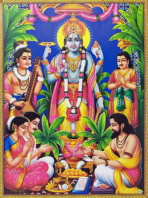 Lord Vishnu Performing Tulsi Puja with Devotees and Musical Instruments HD phone wallpaper