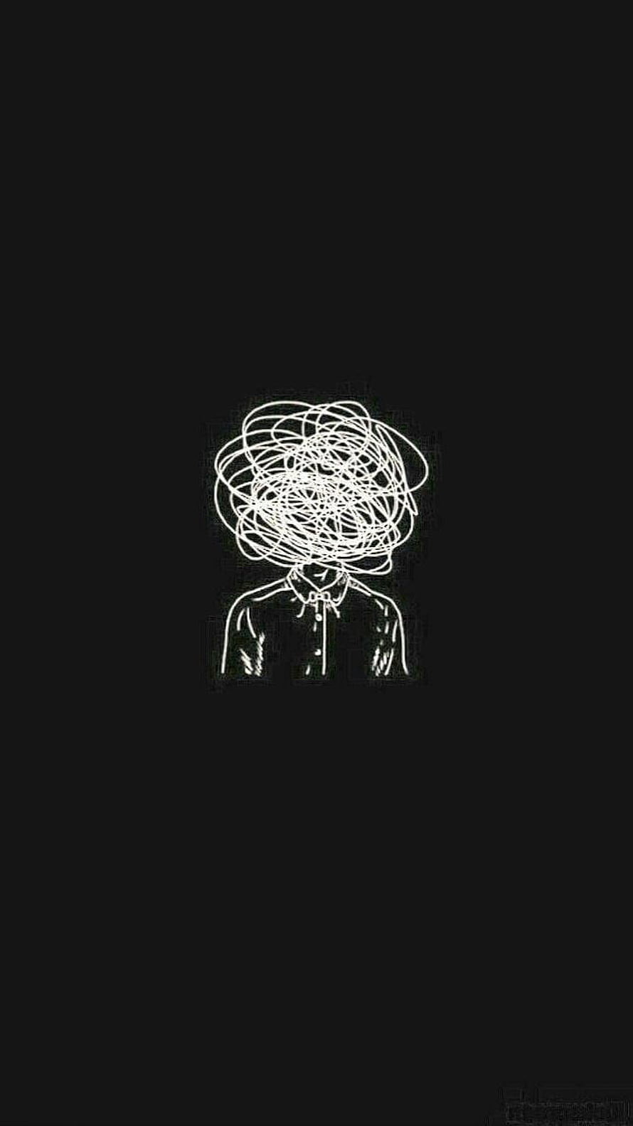 Minimalist Line Art Figure with Chaotic Scribble Head on Black Background HD phone wallpaper