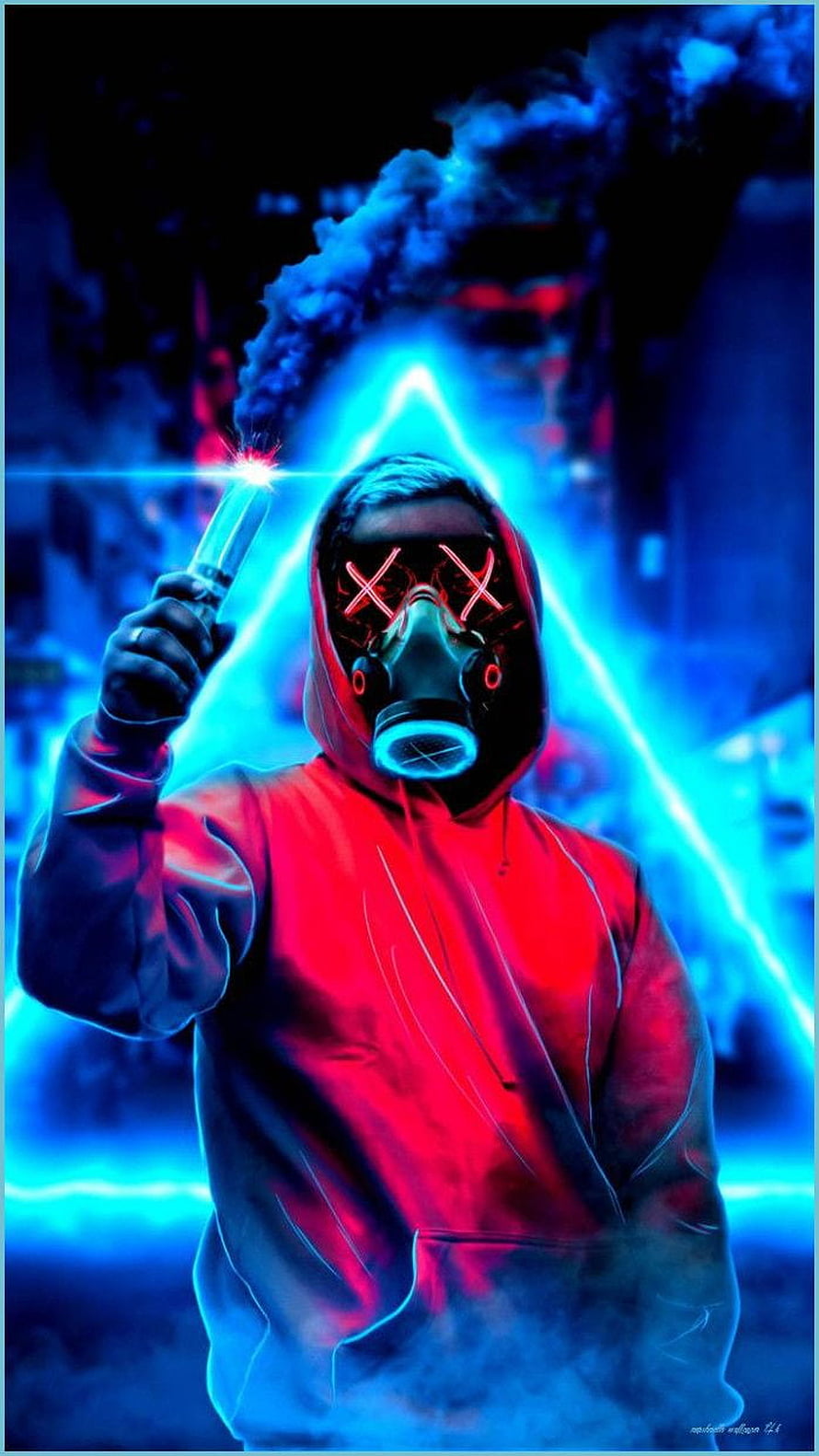 Neon-lit Marshmello in red hoodie holding a sparkler against a glowing blue triangle backdrop HD phone wallpaper