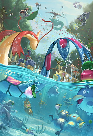 Vibrant Pokémon Underwater Scene Featuring Gyarados, Milotic, and Water-Type Creatures HD phone wallpaper
