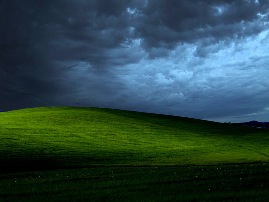 Bliss Windows XP Default Desktop Wallpaper Green Hill Stormy Sky HD wallpaper