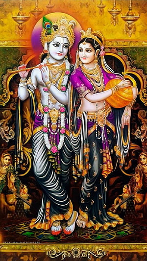Krishna and Radha Divine Couple Playing Flute and Holding Pot HD phone wallpaper