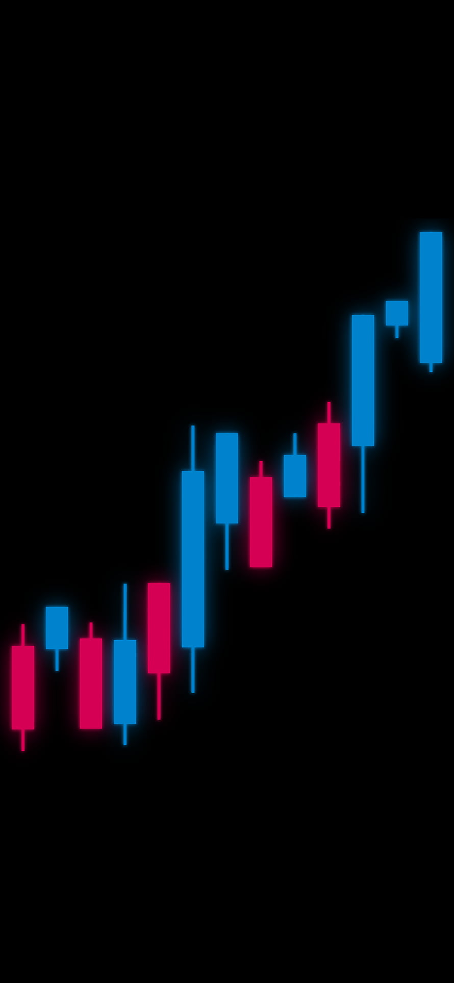 Neon Glowing Candlestick Chart Showing Market Growth Trend on Black Background HD phone wallpaper