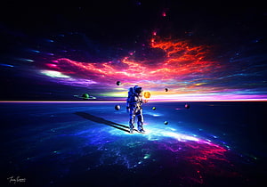 Astronaut Standing on a Glowing Surface with Floating Planets and a Vibrant Nebula Sky HD wallpaper